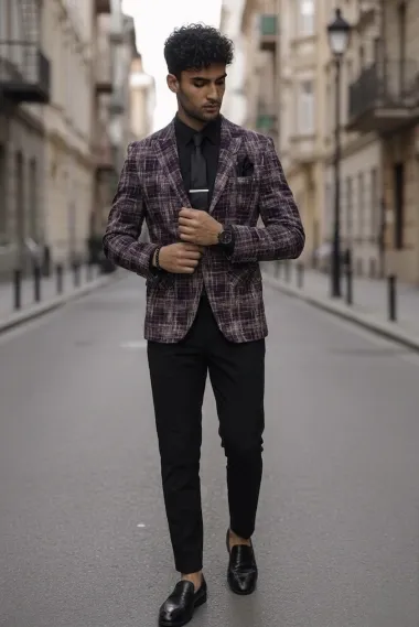 Sacou barbati in carouri slim fit grena B4980 Z4-5